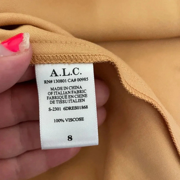 A.L.C Jamie satin drape mini dress in golden tan color - Picture 8 of 16